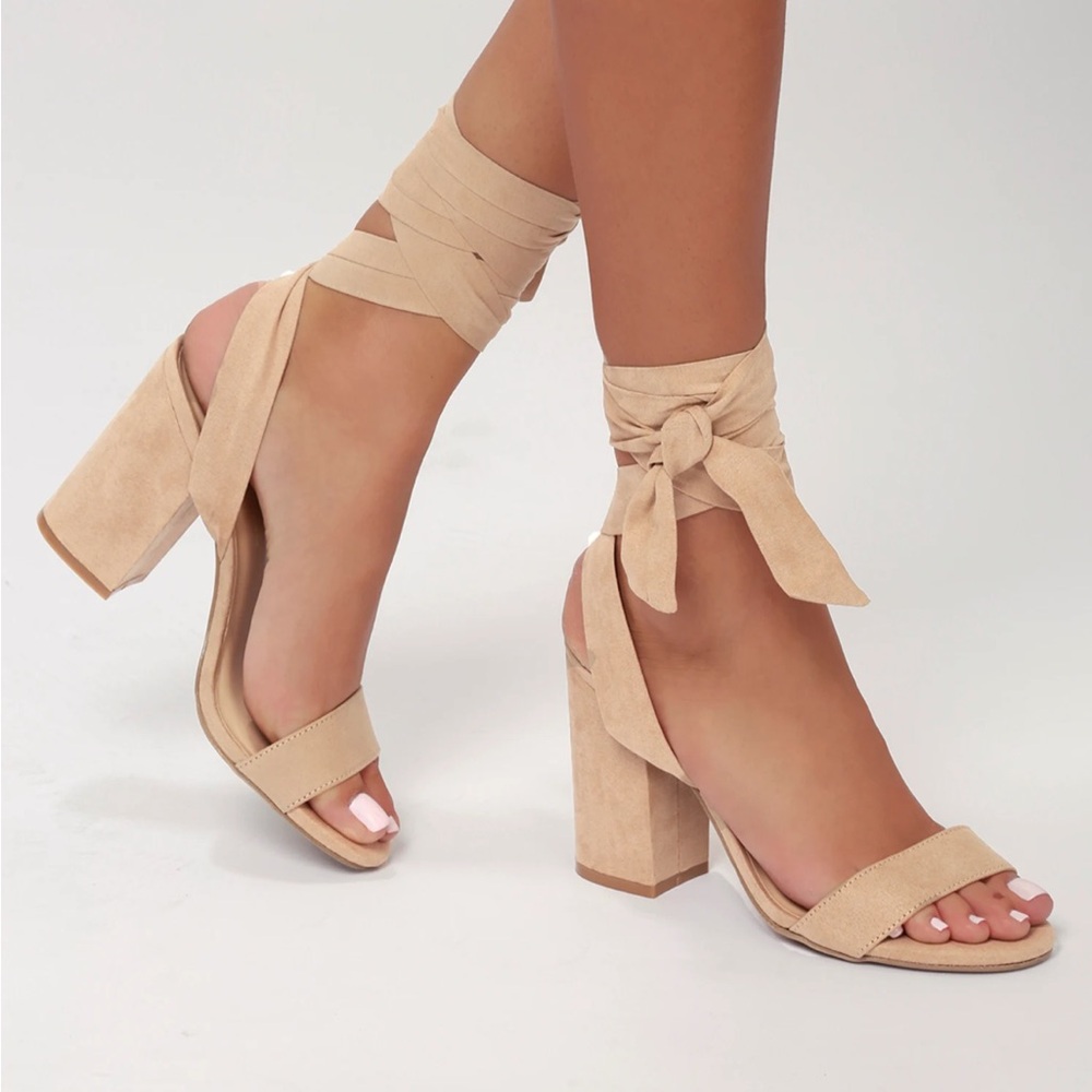 Lulu's Tan Block Heel Sandals with Ankle Wrap